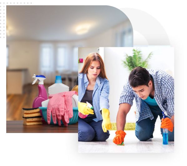 A close-up of a person cleaning a window with a spray and cloth, and another person vacuuming a hardwood floor.