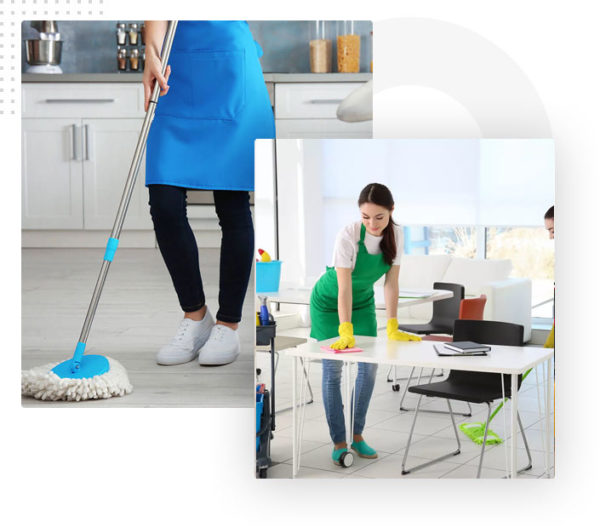 A cleaner mopping the kitchen floor and another wiping a table in an office environment.