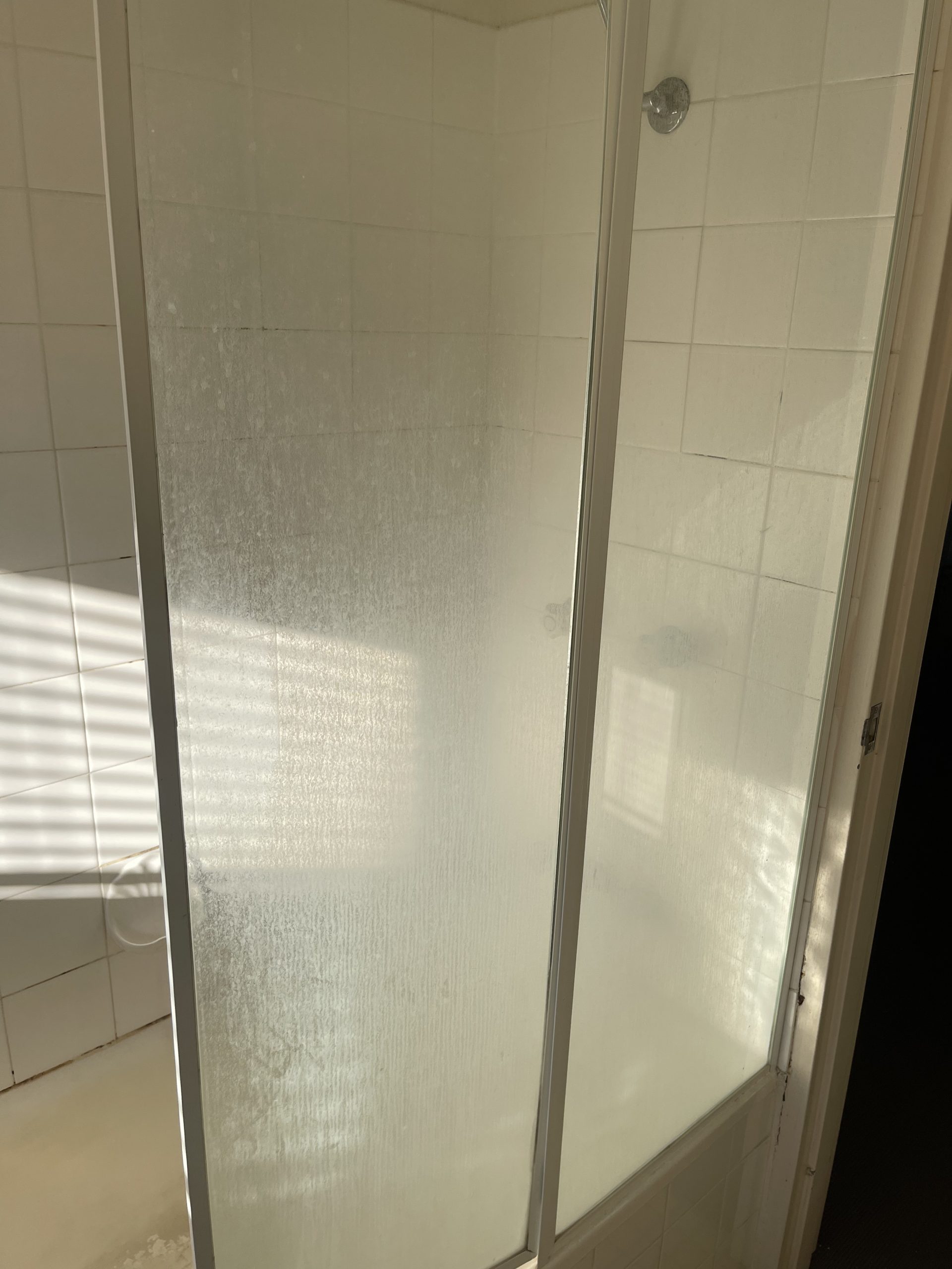 Shower with soap scum and water stains on glass and tiles, showing need for deep cleaning.