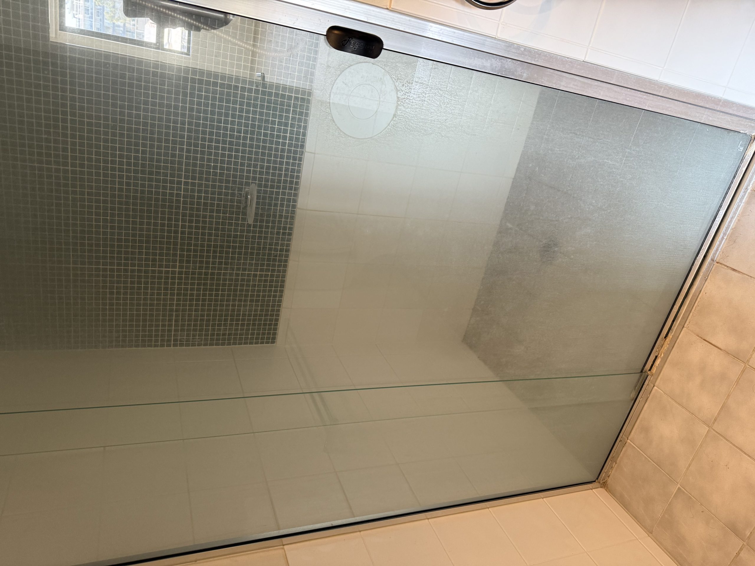 Frosted glass shower door with soap scum buildup