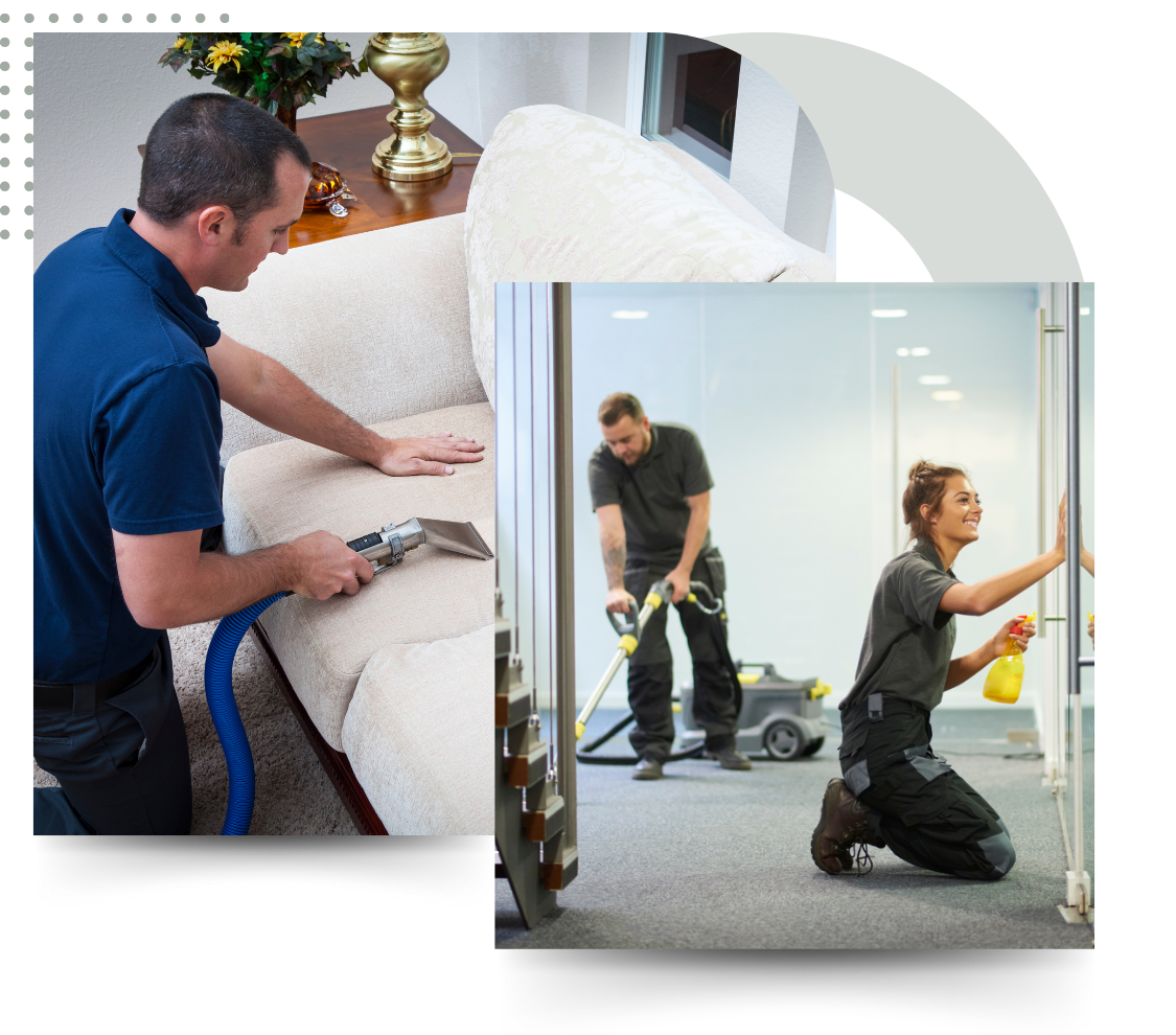 Two cleaning professionals vacuuming a sofa and cleaning glass doors in a residential setting.