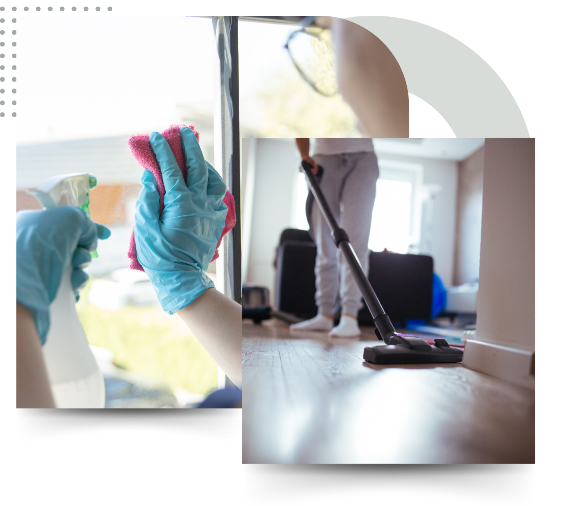 Close-up of hands wiping a glass window and a person vacuuming a hardwood floor.